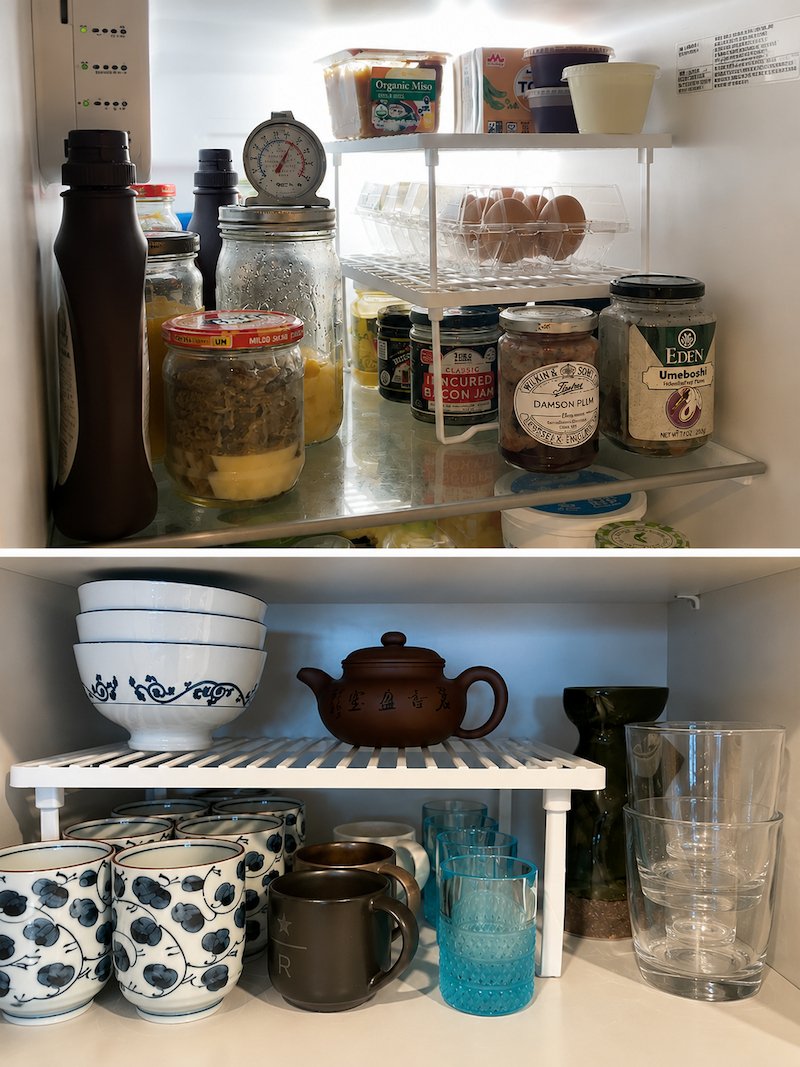 Amazon Basics stackable shelves in use
